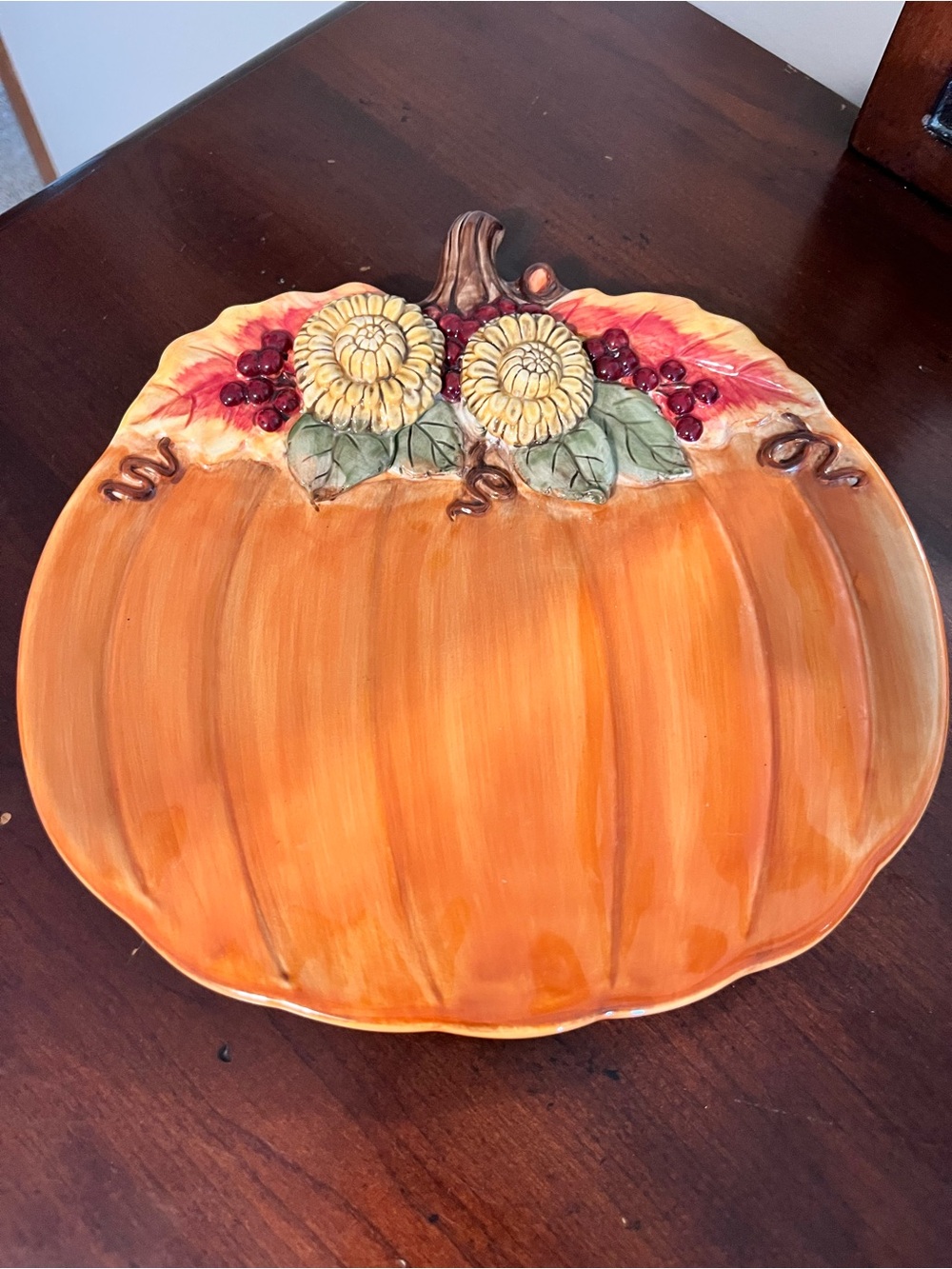 Decorative Orange Pumpkin Platter with Sunflower Accent